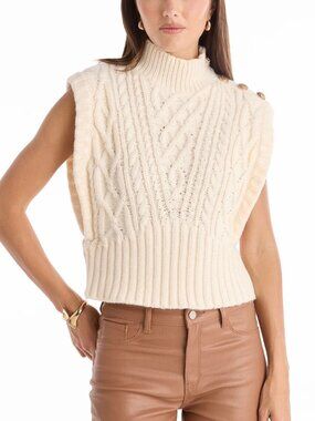 The Noli Shop Raina Cable Knit Button Sweater in Pearl NWT